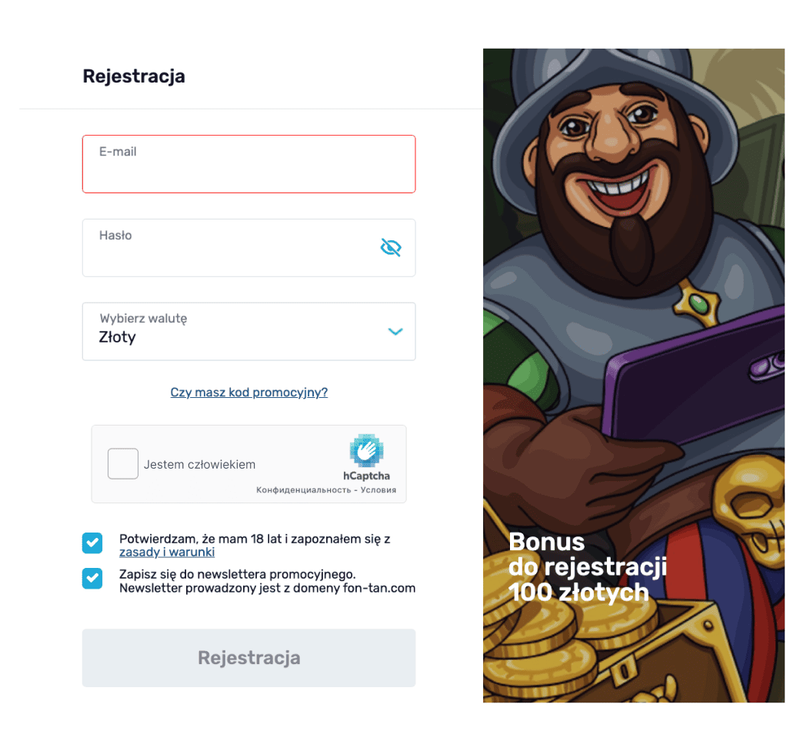 Rejestracja w Fontan casino